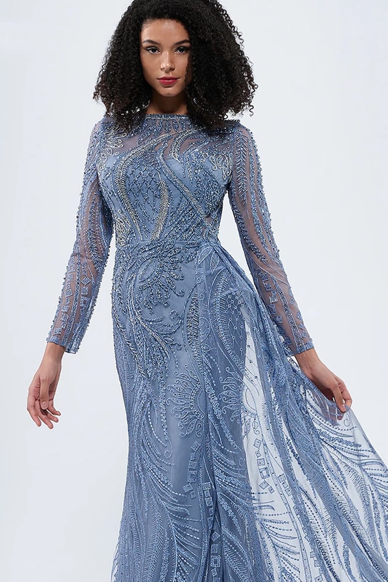 Romina Beaded Long Sleeve Gown | Jewelclues #color_slate blue