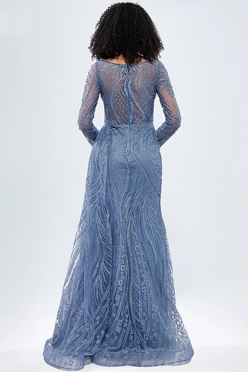 Romina Beaded Long Sleeve Gown | Jewelclues #color_slate blue