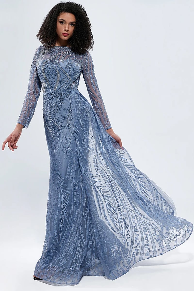 Romina Beaded Long Sleeve Gown | Jewelclues #color_slate blue