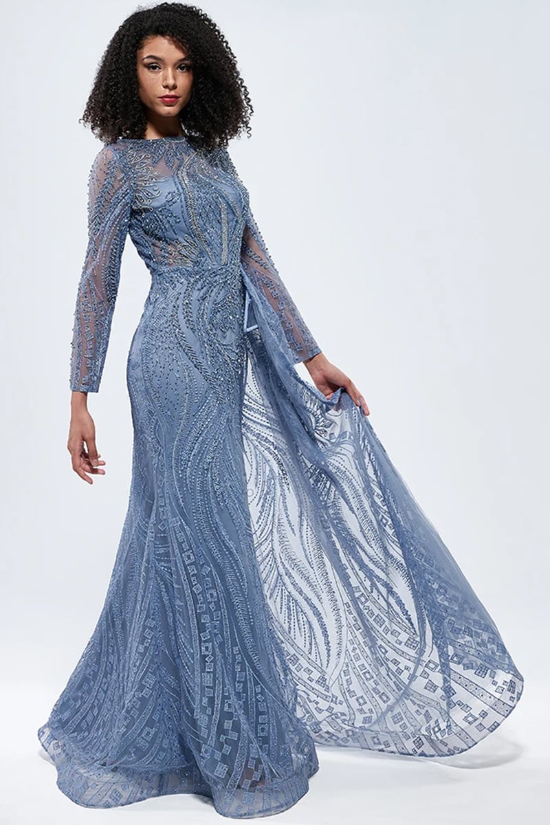 Romina Beaded Long Sleeve Gown | Jewelclues #color_slate blue