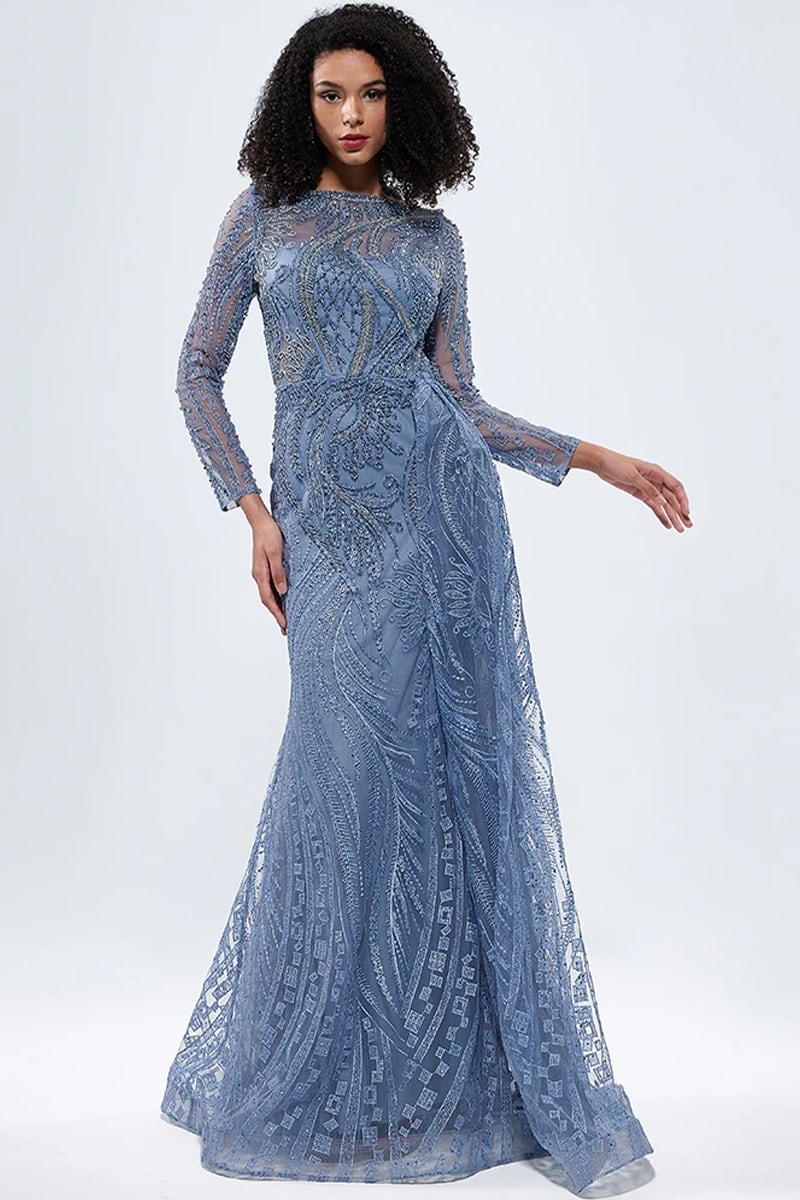 Romina Beaded Long Sleeve Gown | Jewelclues #color_slate blue