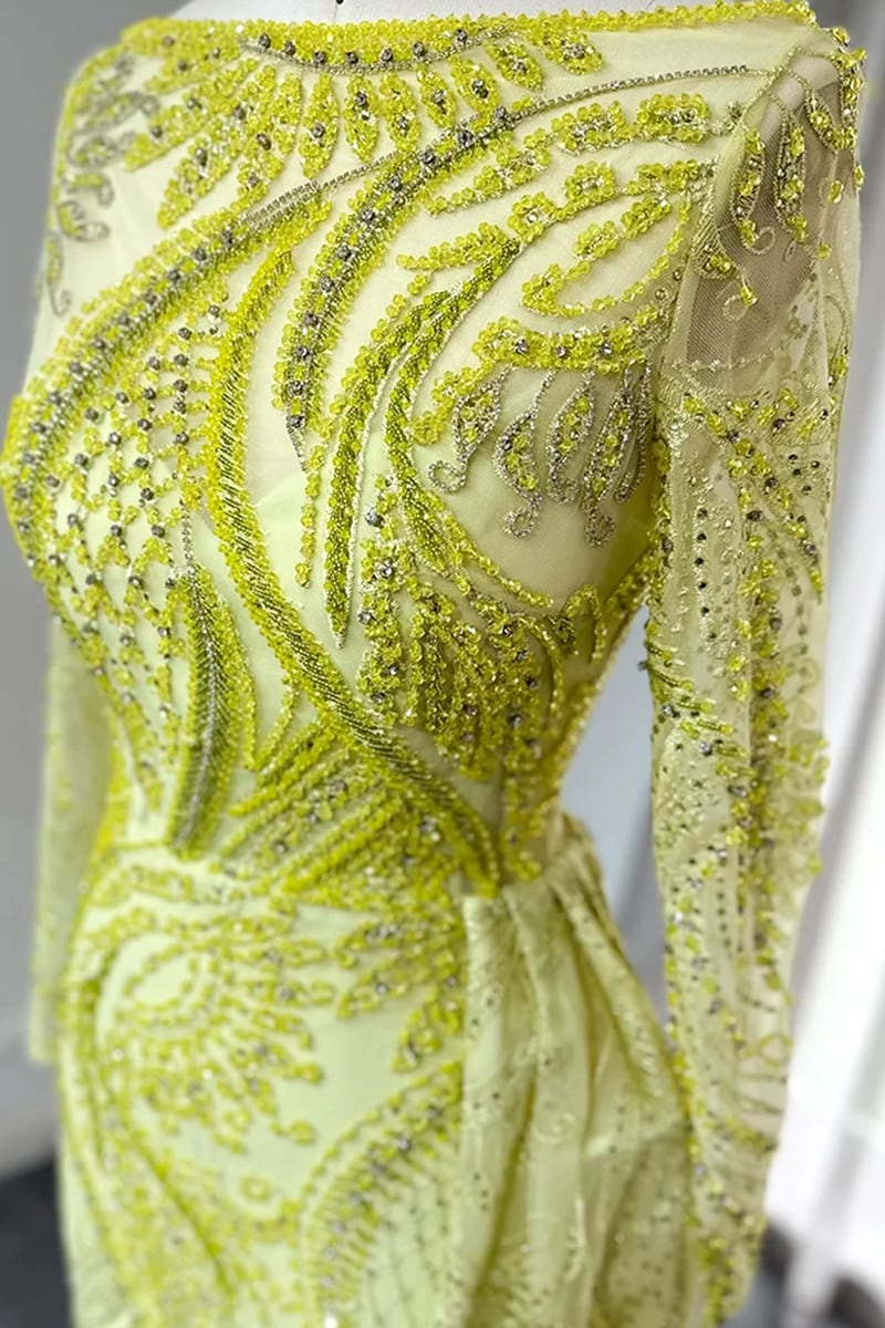 Romina Beaded Long Sleeve Gown | Jewelclues #color_chartreuse