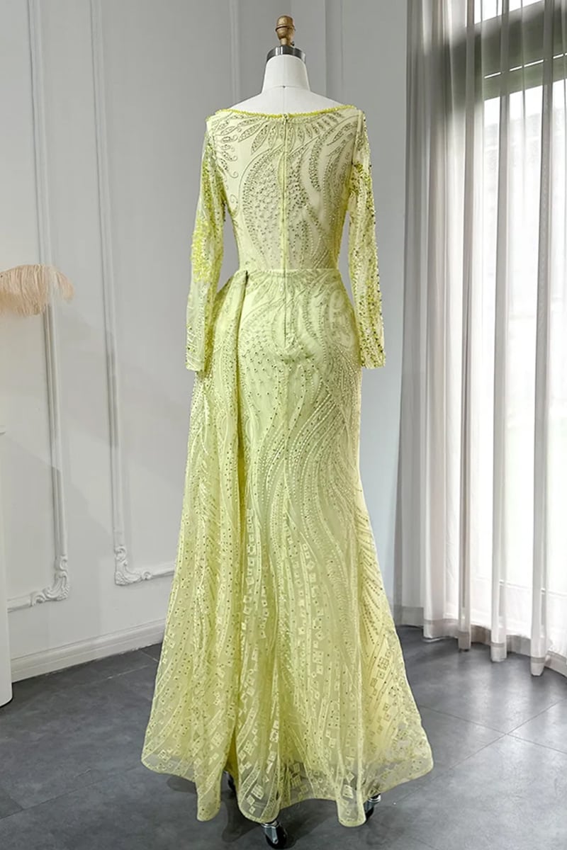 Romina Beaded Long Sleeve Gown | Jewelclues #color_chartreuse