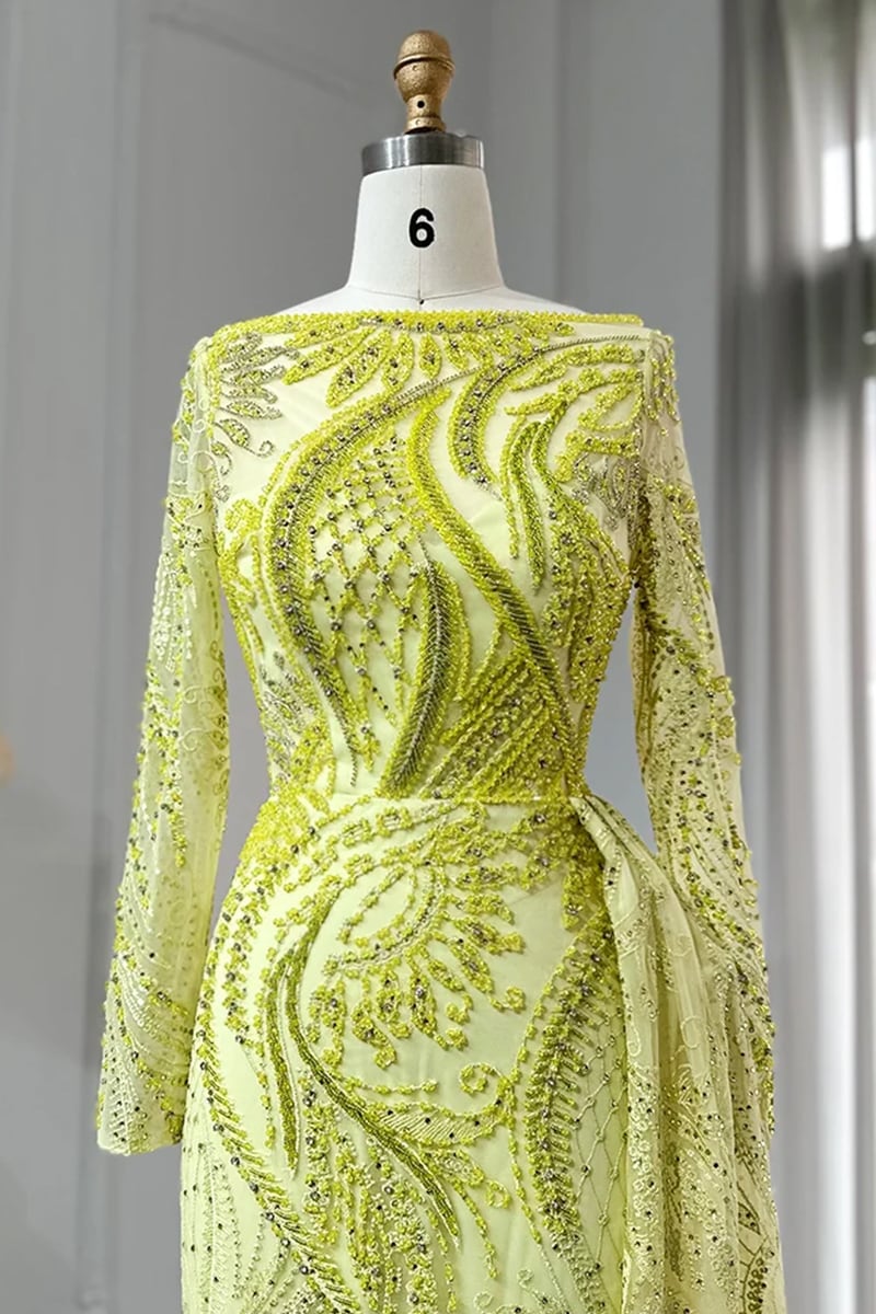 Romina Beaded Long Sleeve Gown | Jewelclues #color_chartreuse