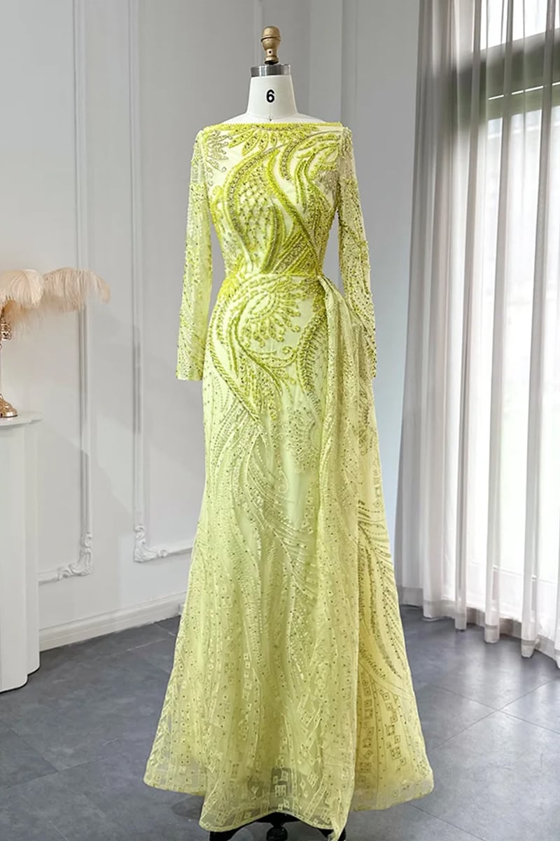 Romina Beaded Long Sleeve Gown | Jewelclues #color_chartreuse