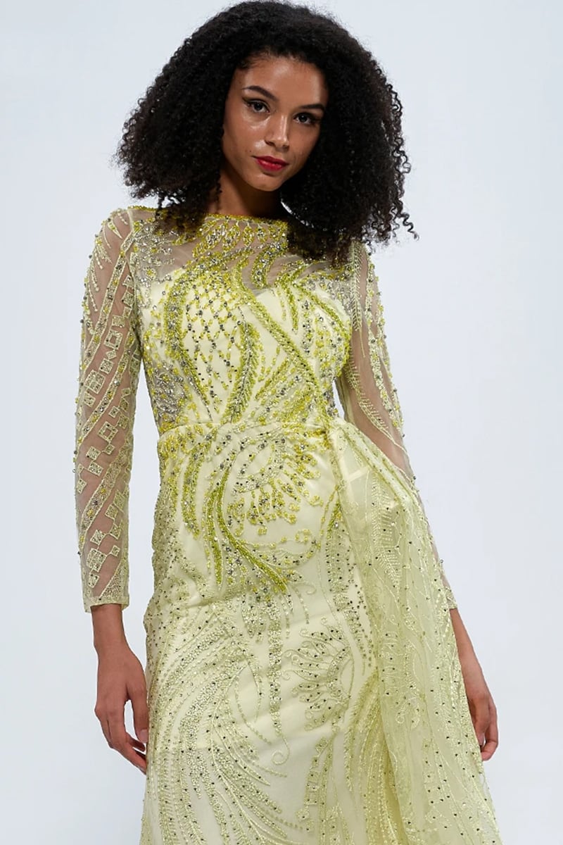 Romina Beaded Long Sleeve Gown | Jewelclues #color_chartreuse