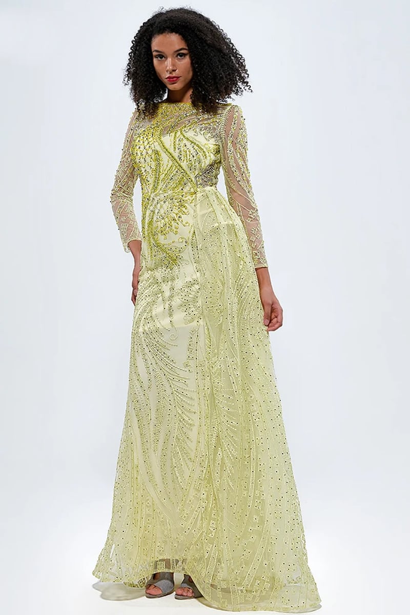 Romina Beaded Long Sleeve Gown | Jewelclues #color_chartreuse