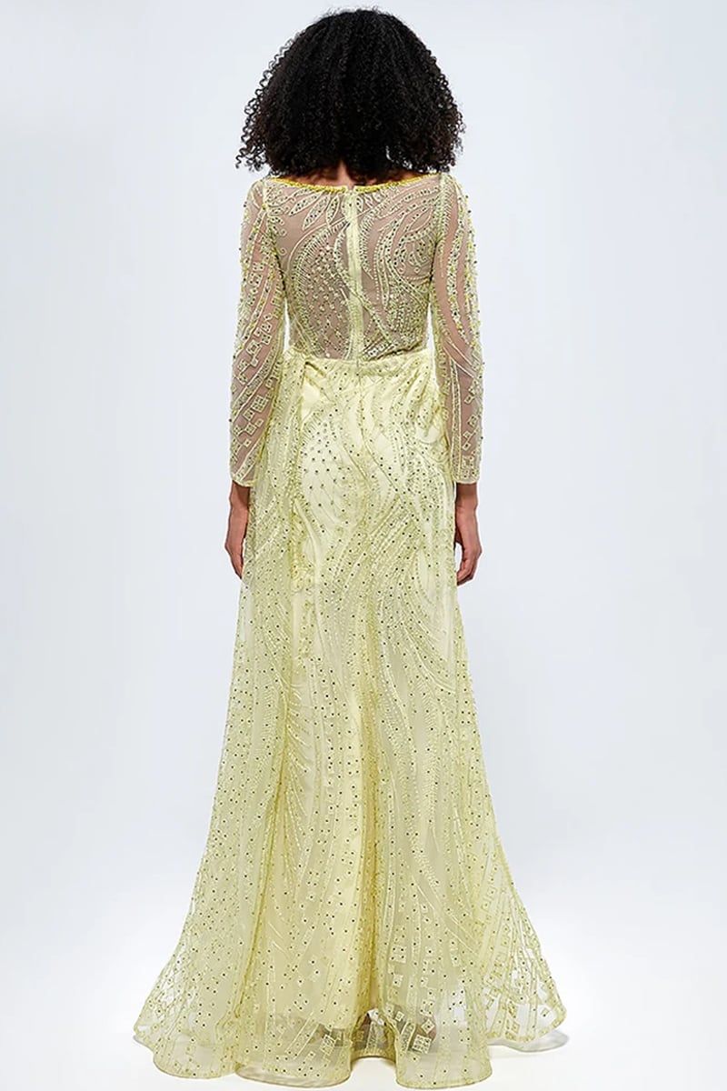 Romina Beaded Long Sleeve Gown | Jewelclues #color_chartreuse