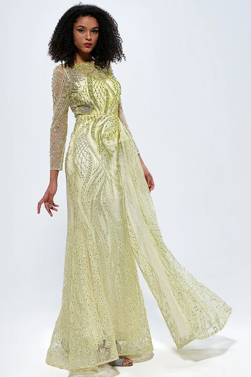 Romina Beaded Long Sleeve Gown | Jewelclues #color_chartreuse