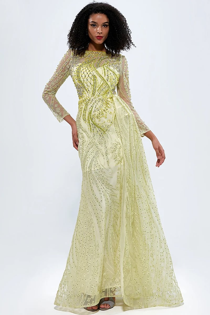 Romina Beaded Long Sleeve Gown | Jewelclues #color_chartreuse