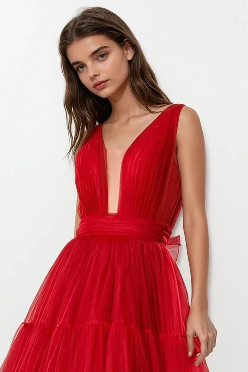 Savannah A-line Tulle Midi Dress | Jewelclues #color_red