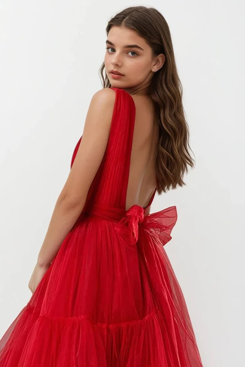 Savannah A-line Tulle Midi Dress | Jewelclues #color_red