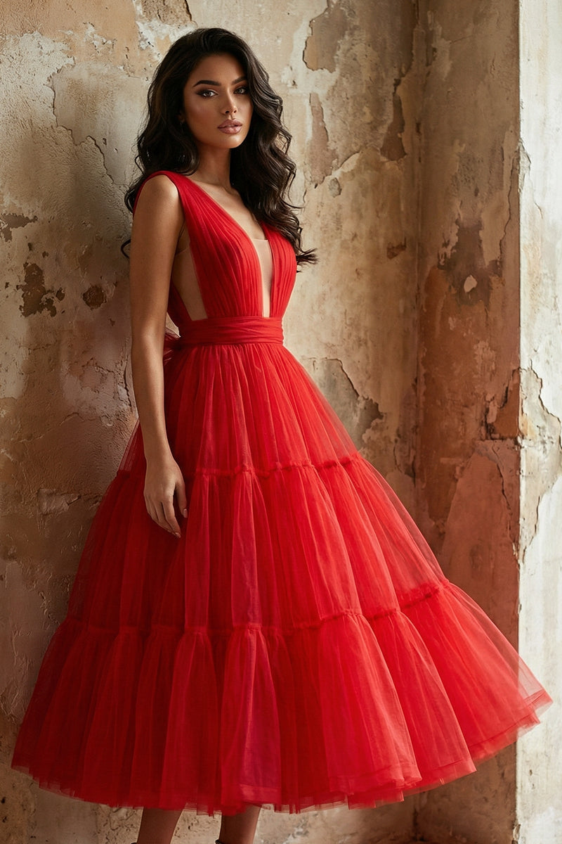Savannah A-line Tulle Midi Dress | Jewelclues #color_red