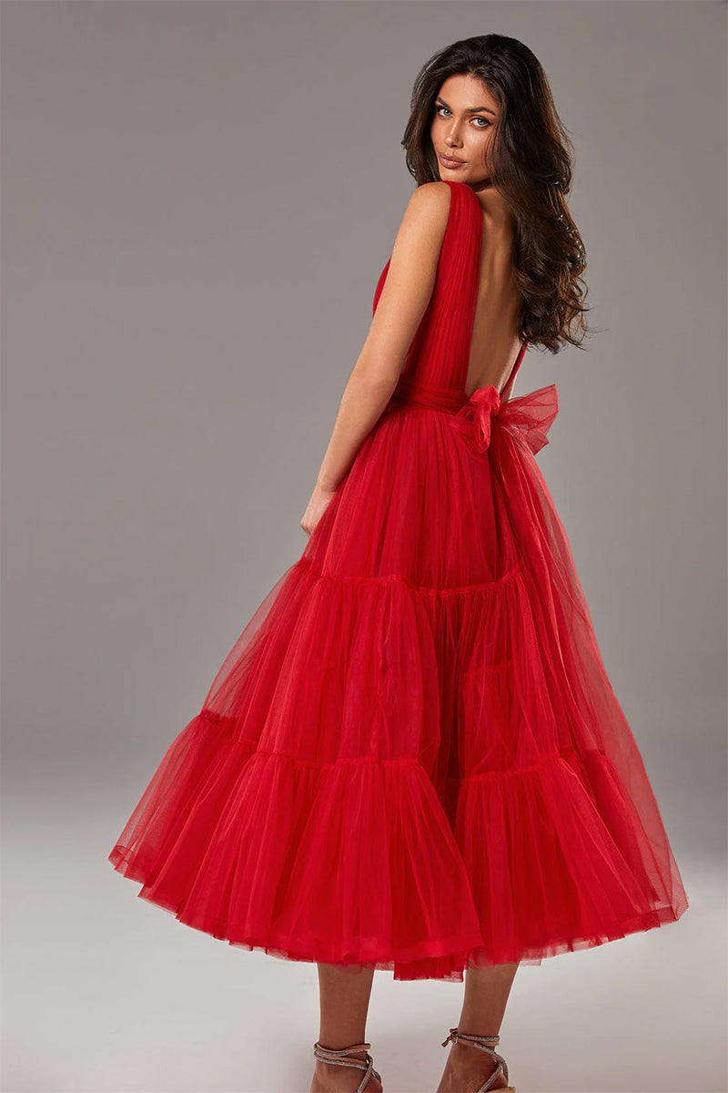 Savannah A-line Tulle Midi Dress | Jewelclues #color_red