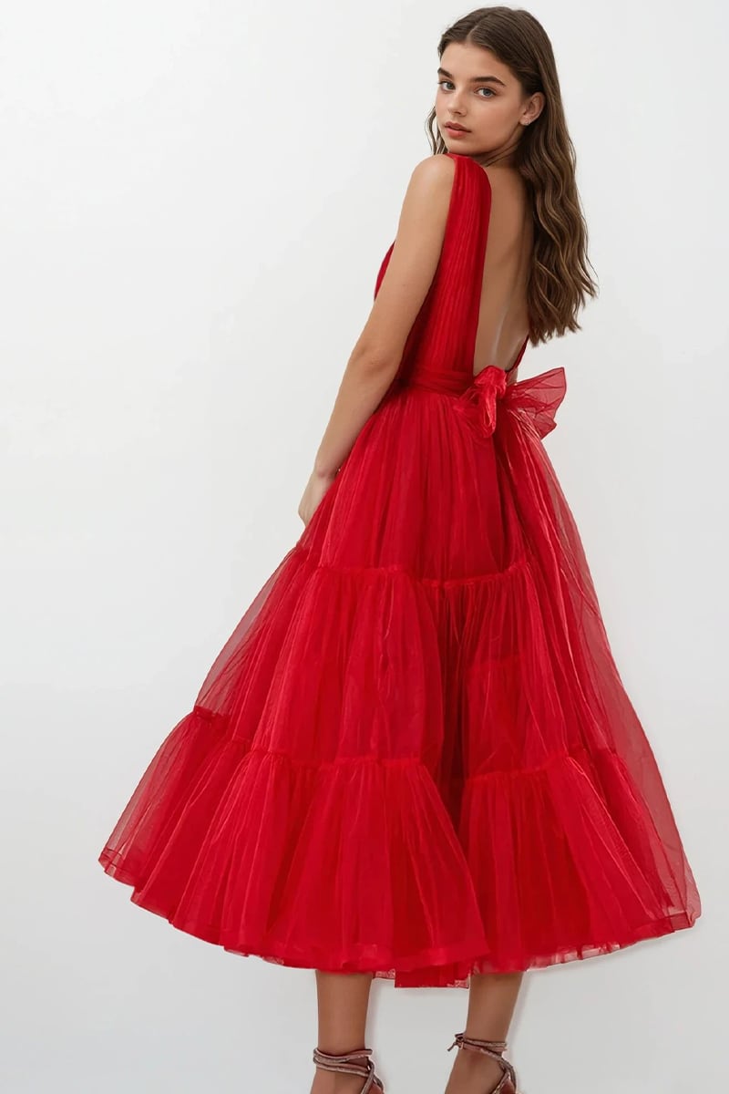 Savannah A-line Tulle Midi Dress | Jewelclues #color_red