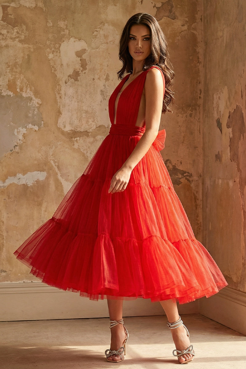 Savannah A-line Tulle Midi Dress | Jewelclues #color_red