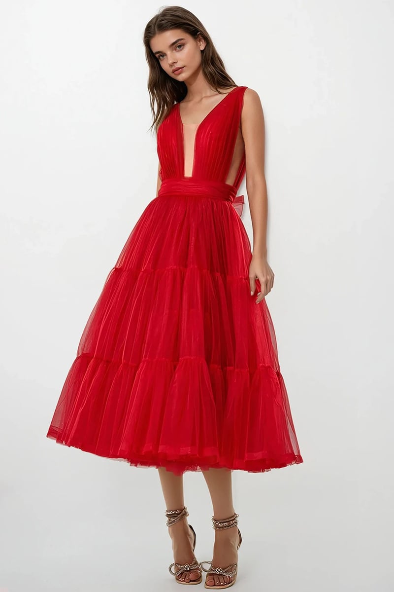 Savannah A-line Tulle Midi Dress | Jewelclues #color_red
