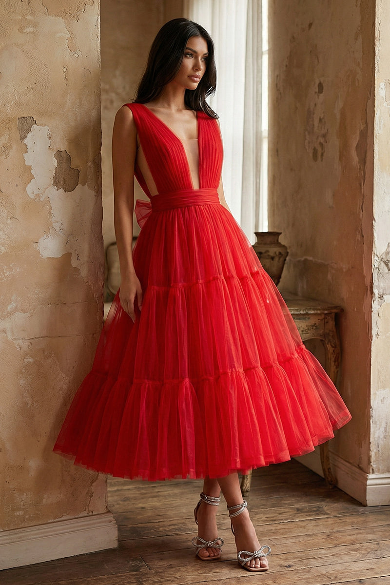 Savannah A-line Tulle Midi Dress | Jewelclues #color_red