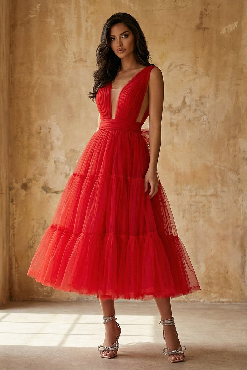 Savannah A-line Tulle Midi Dress | Jewelclues #color_red