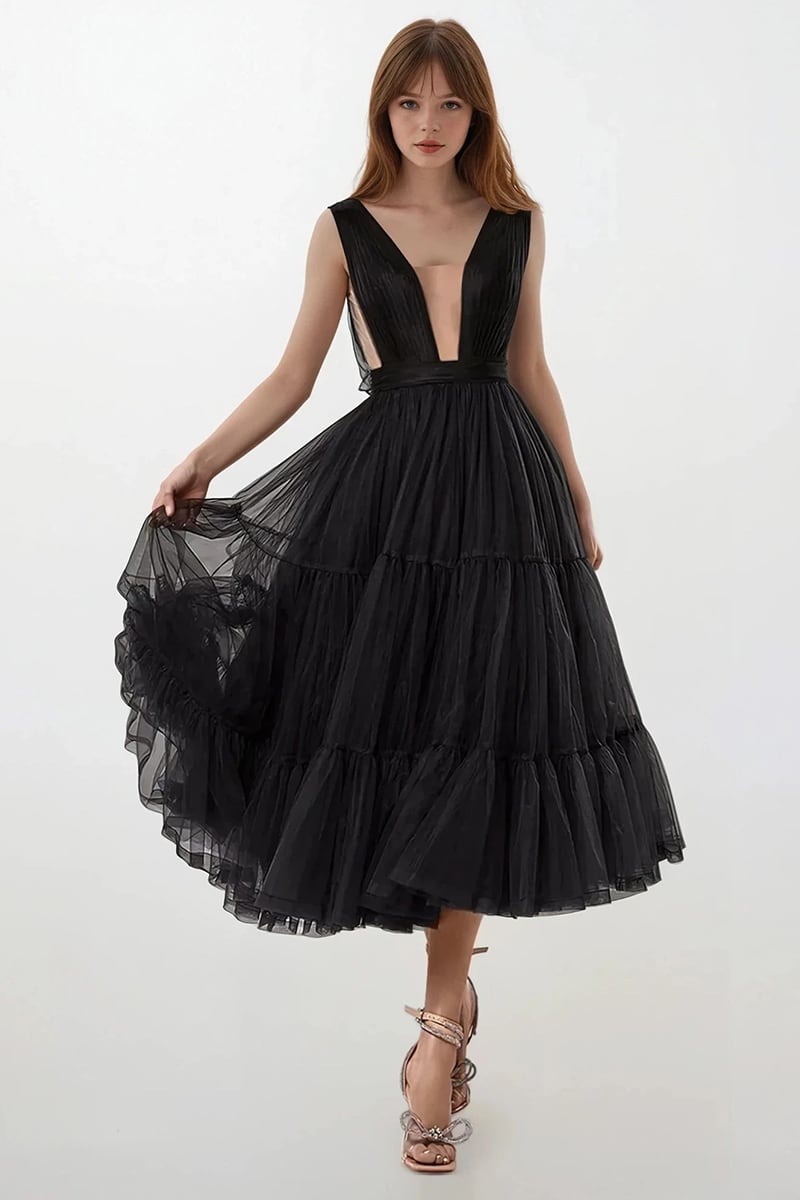 Savannah A-line Tulle Midi Dress | Jewelclues #color_black