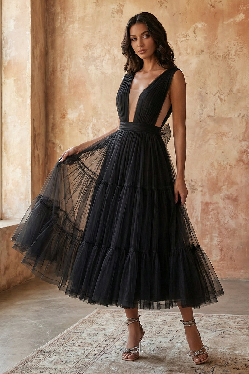 Savannah A-line Tulle Midi Dress | Jewelclues #color_black