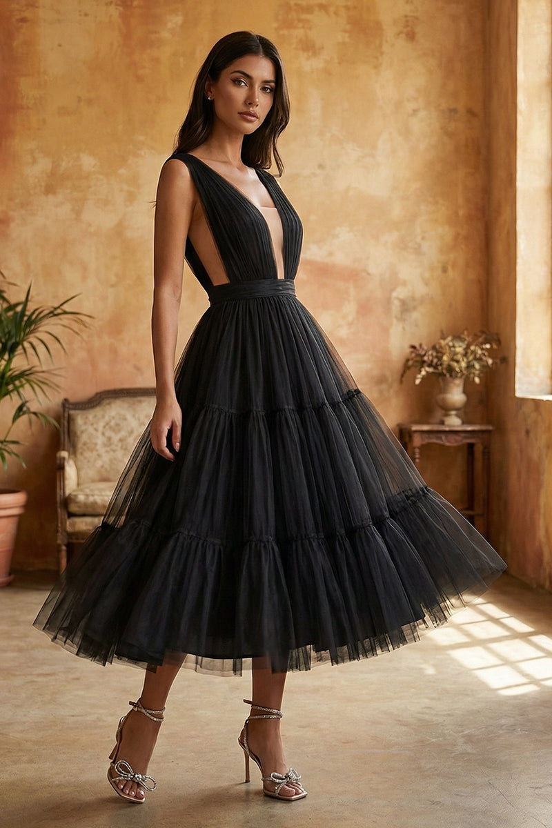 Savannah A-line Tulle Midi Dress | Jewelclues #color_black