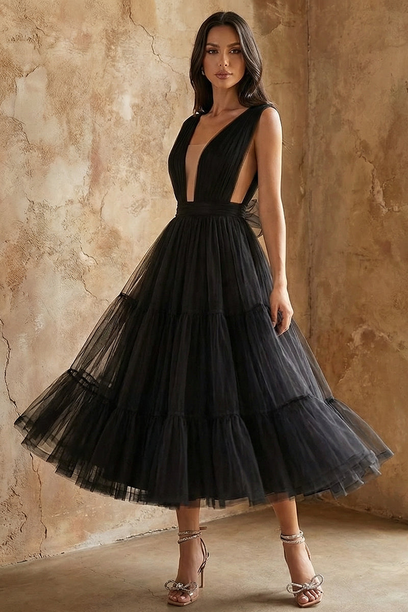 Savannah A-line Tulle Midi Dress | Jewelclues #color_black