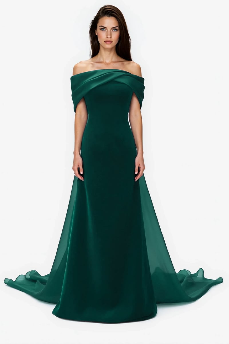 Emerald Green Satin Off-The-Shoulder Prom Gown Formal Dress Emerald / 16