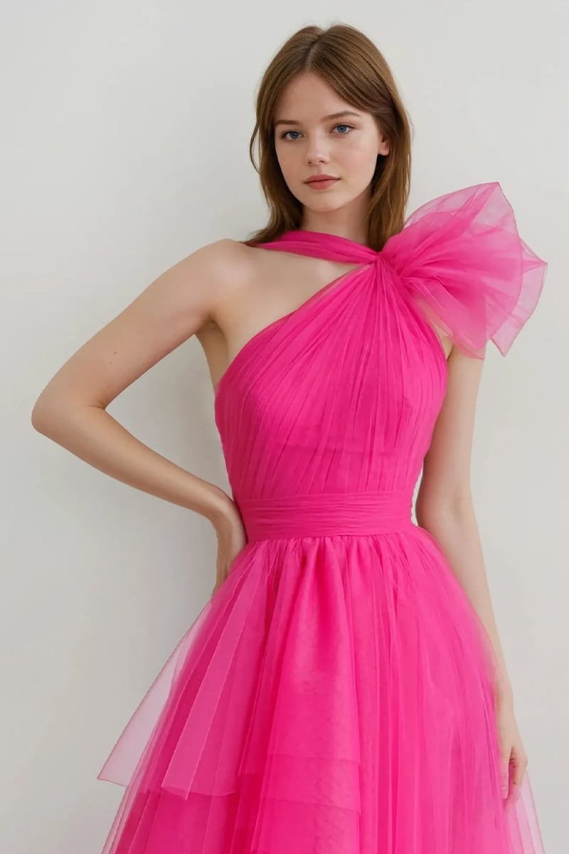 Seraphina One-Shoulder Layered Tulle Maxi Dress | Jewelclues #color_hot pink