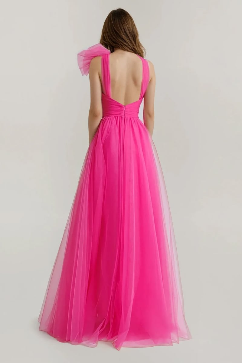 Seraphina One-Shoulder Layered Tulle Maxi Dress | Jewelclues #color_hot pink