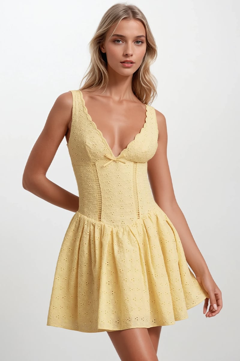 Seraphine Eyelet Embroidered Mini Dress | Jewelclues #color_yellow