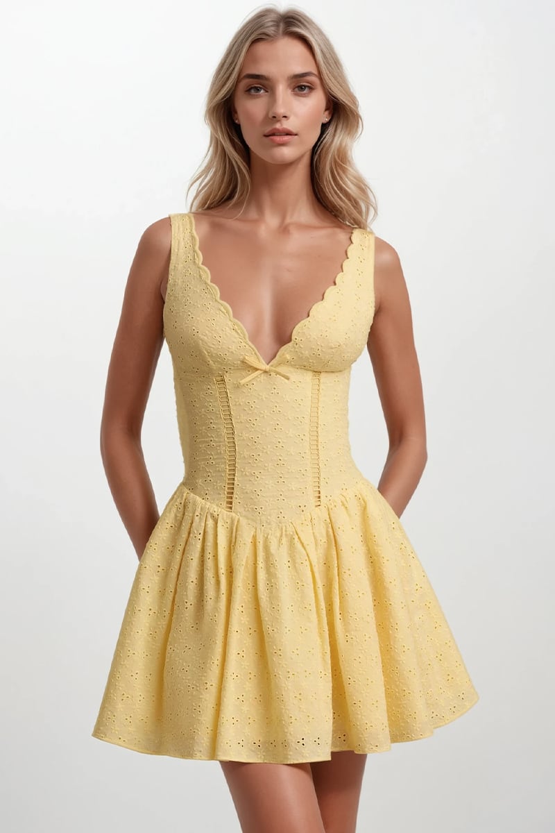 Seraphine Eyelet Embroidered Mini Dress | Jewelclues #color_yellow