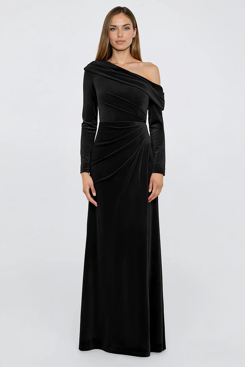 velvet one shoulder dress long sleeve Baltic Born Womens Tatiana Velvet One Shoulder Maxi Dress | Black