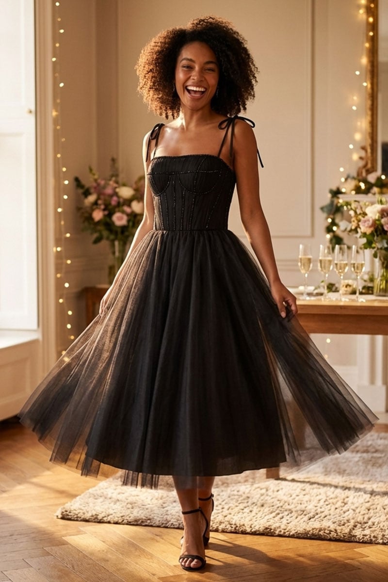 Sidney Tie-Strap Tulle Midi Dress | Jewelclues #color_black