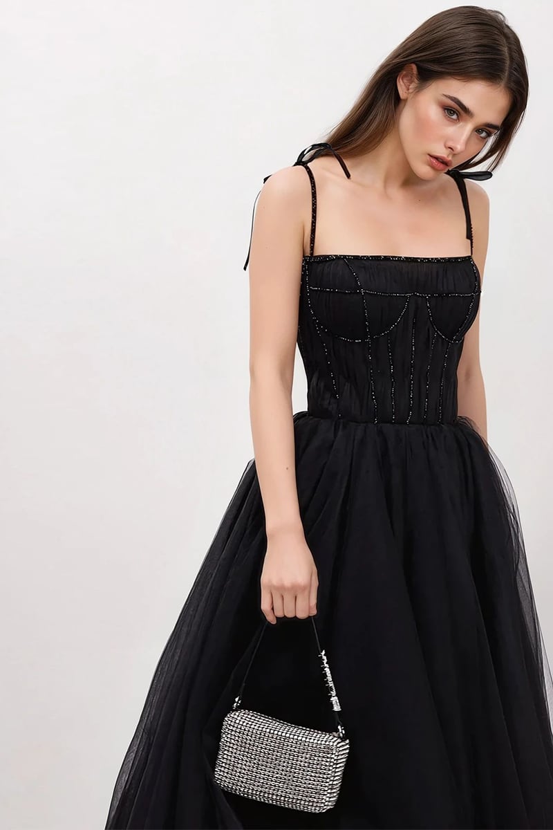 Sidney Tie-Strap Tulle Midi Dress | Jewelclues #color_black