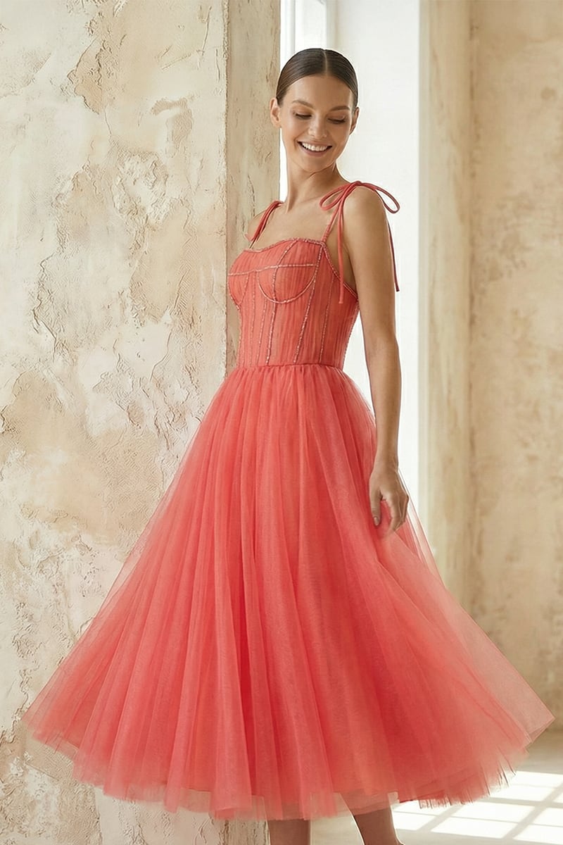 Sidney Tie-Strap Tulle Midi Dress | Jewelclues #color_coral