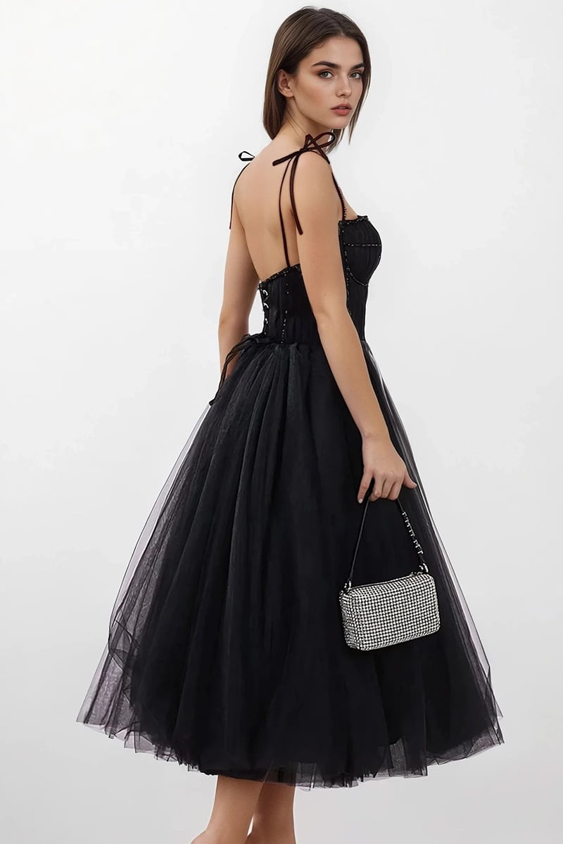 Sidney Tie-Strap Tulle Midi Dress | Jewelclues #color_black