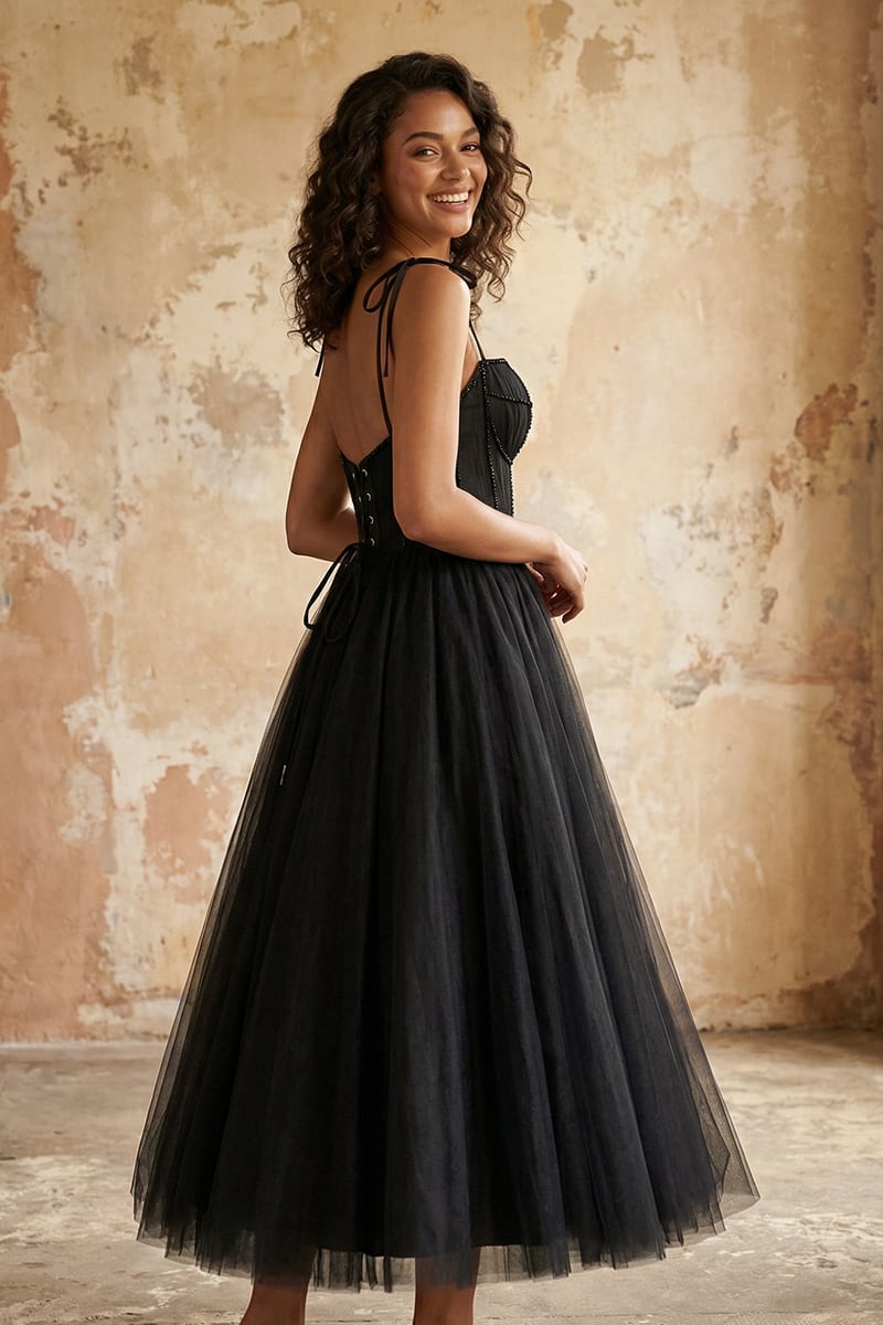 Sidney Tie-Strap Tulle Midi Dress | Jewelclues #color_black