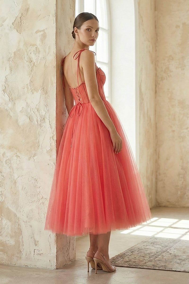 Sidney Tie-Strap Tulle Midi Dress | Jewelclues #color_coral