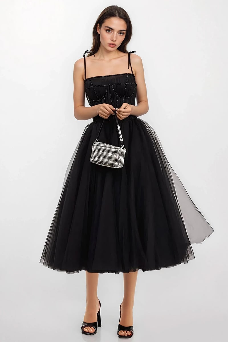 Sidney Tie-Strap Tulle Midi Dress | Jewelclues #color_black