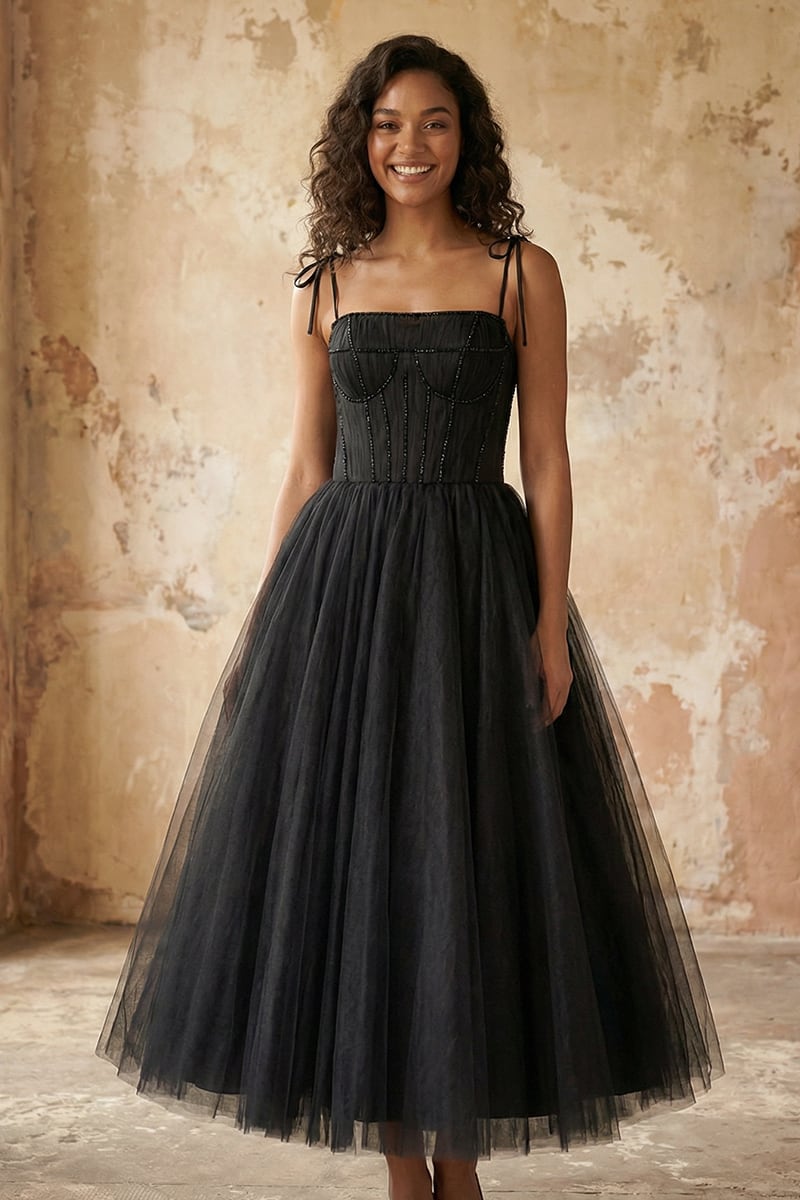 Sidney Tie-Strap Tulle Midi Dress | Jewelclues #color_black