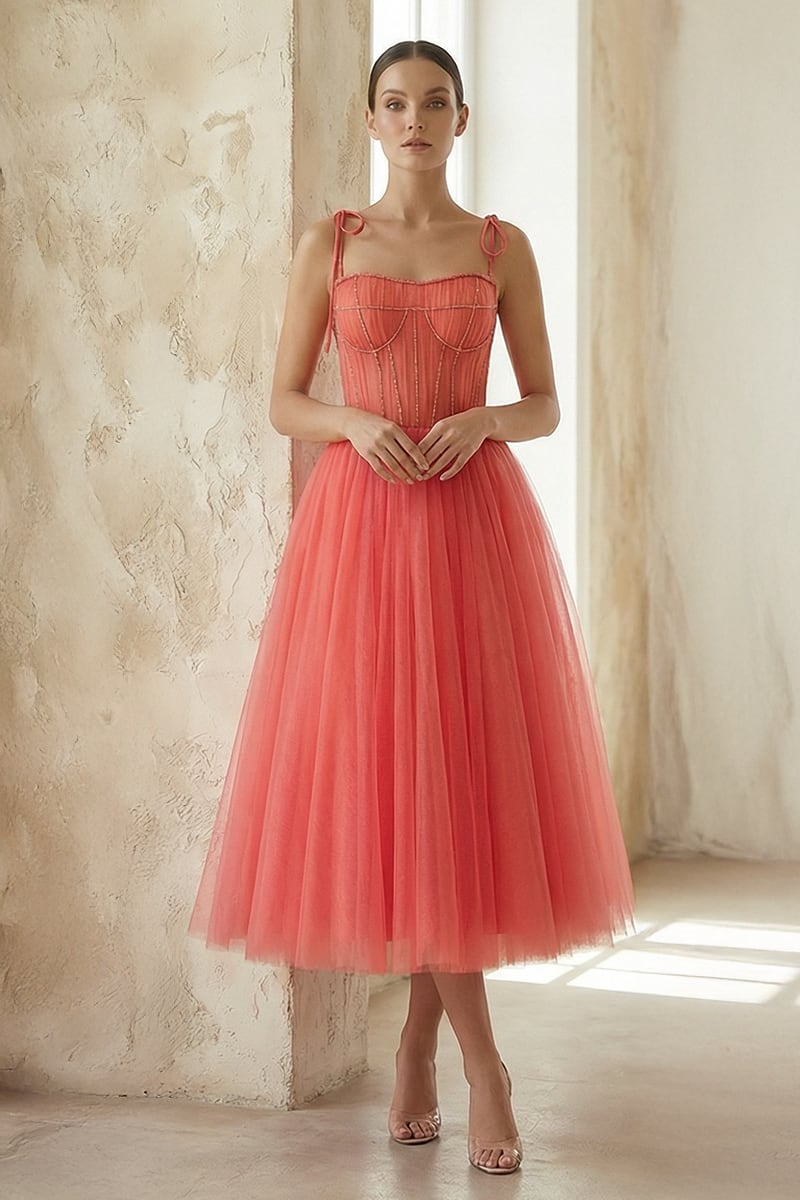 tulle cocktail dress midi Surreal Lace-Up Back Tulle Midi Dress Blue