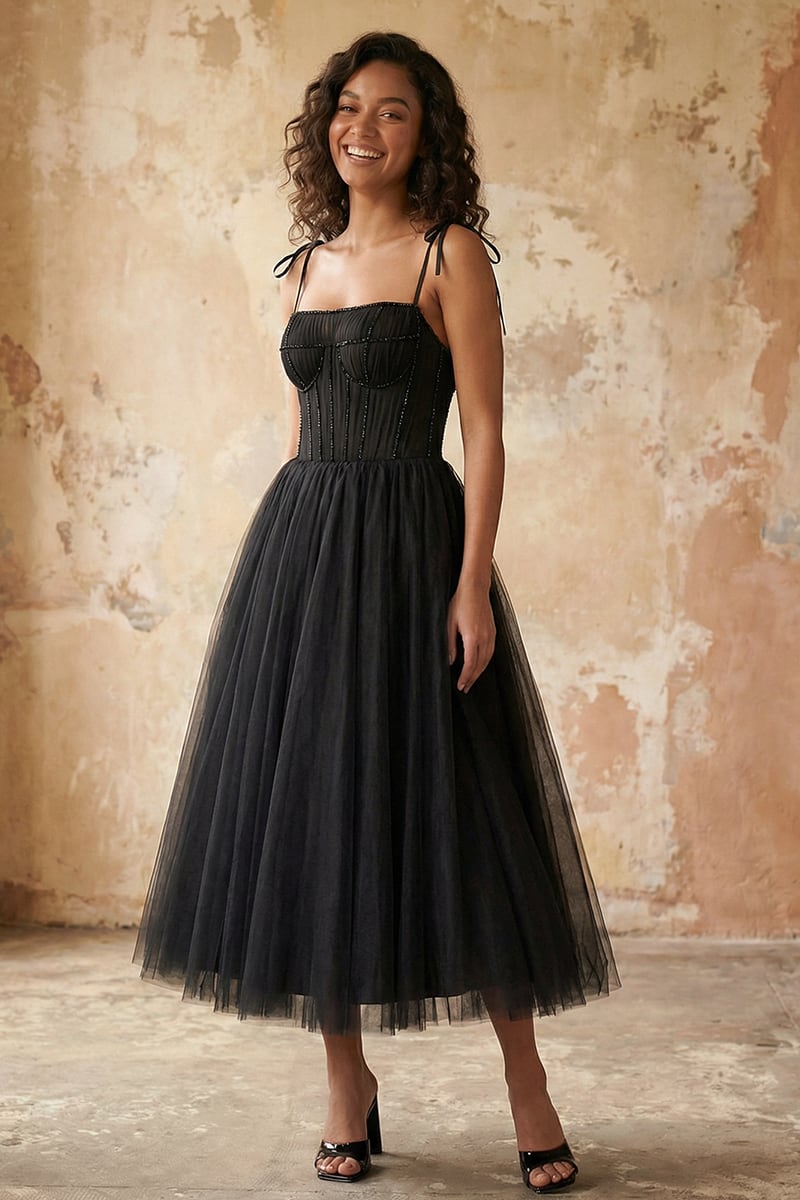 Sidney Tie-Strap Tulle Midi Dress | Jewelclues #color_black