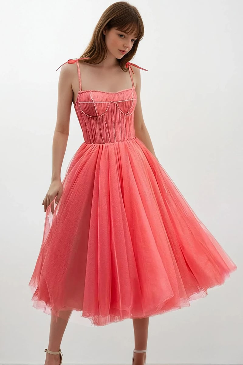 Sidney Tie-Strap Tulle Midi Dress | Jewelclues #color_coral