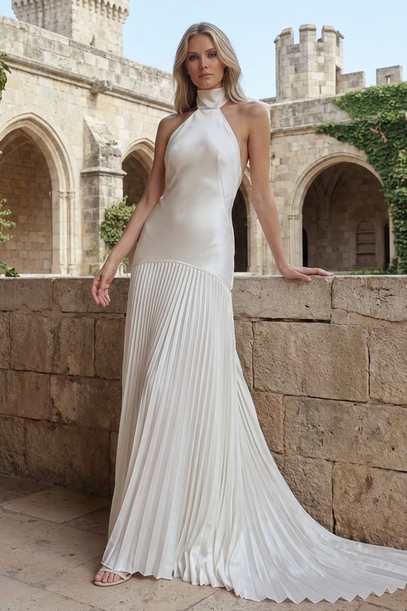 Sofia Halter Satin Pleated Gown | JewelClues