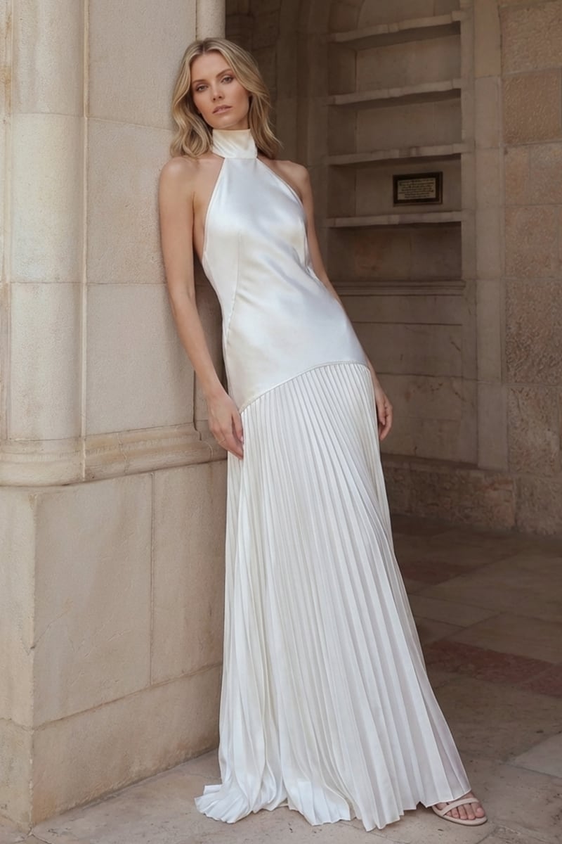 Sofia Halter Satin Pleated Gown | JewelClues