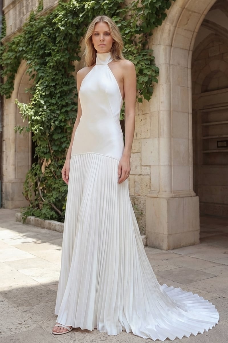 Sofia Halter Satin Pleated Gown | JewelClues