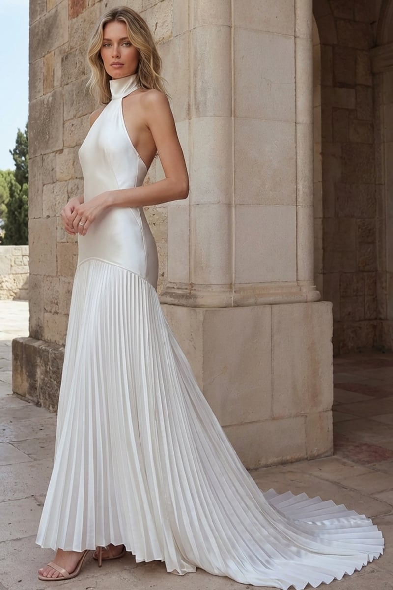 Sofia Halter Satin Pleated Gown | JewelClues