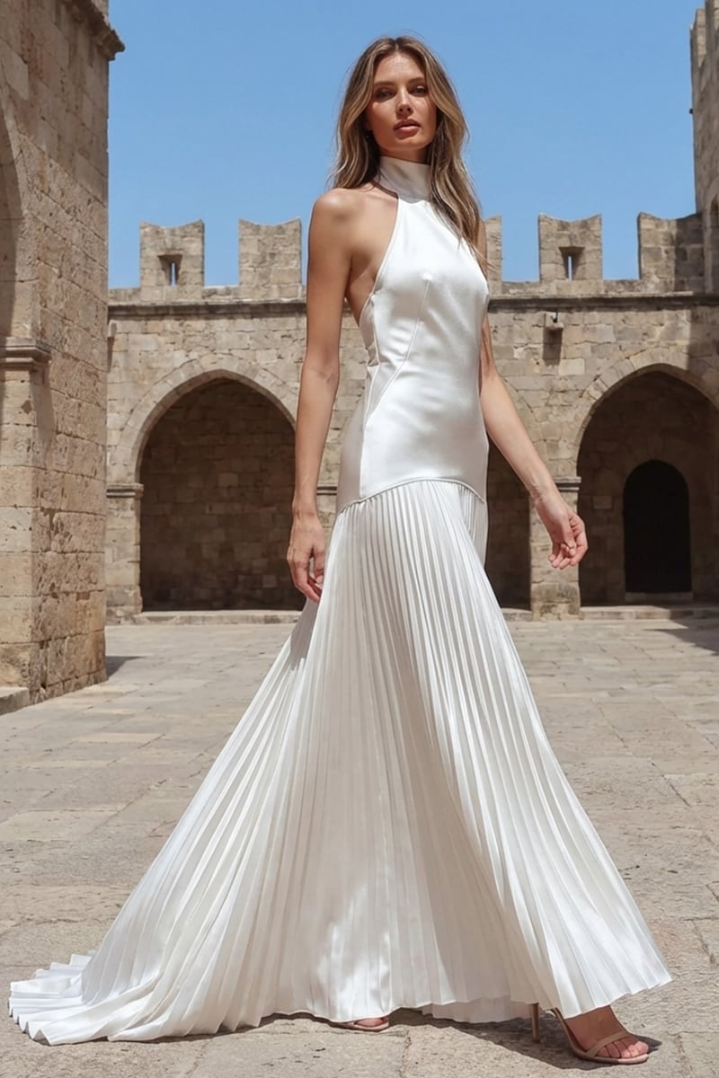 Sofia Halter Satin Pleated Gown | JewelClues