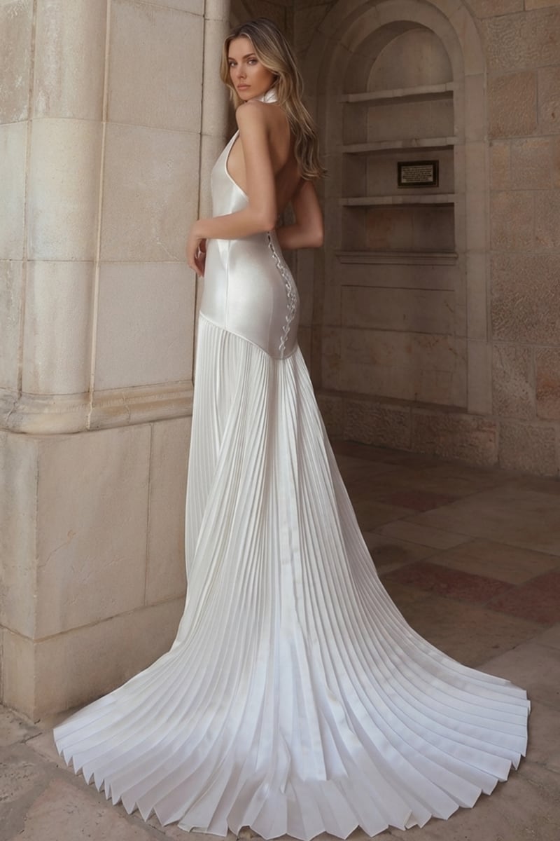 Sofia Halter Satin Pleated Gown | JewelClues